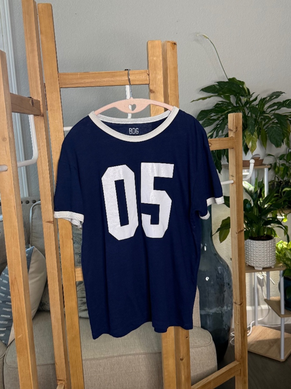 BDG Navy Varsity Ringer Tee | Large | Oversized Graphic T-Shirt
